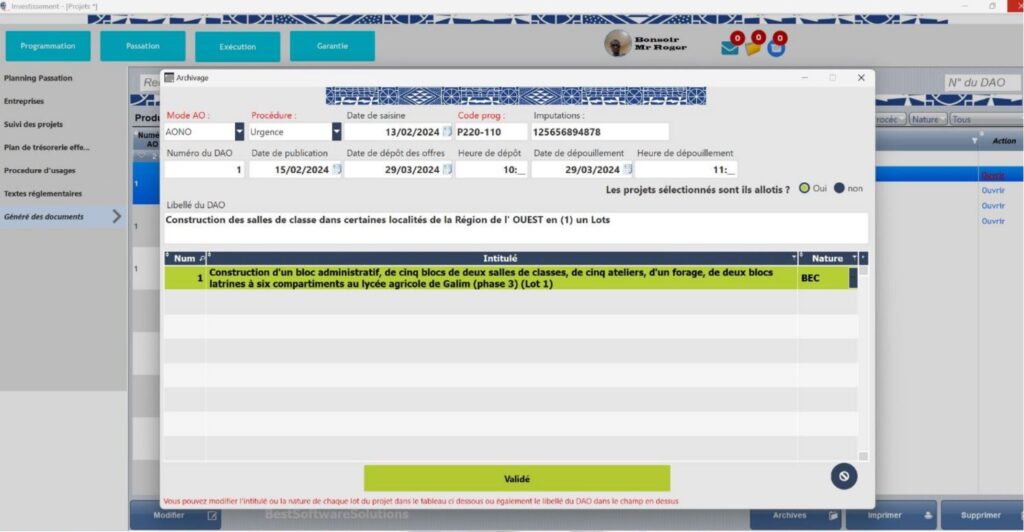 Aperçu du logiciel de gestion des marchés publics e-SIGAMP